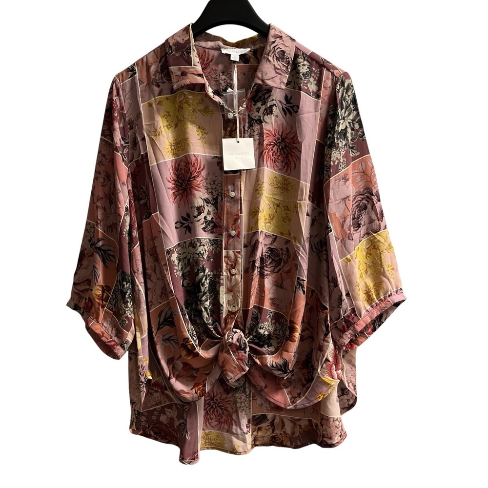 Cynthia Rowley Top Purple Patchwork Floral Chiffon Button Down Size 2X Tie Front